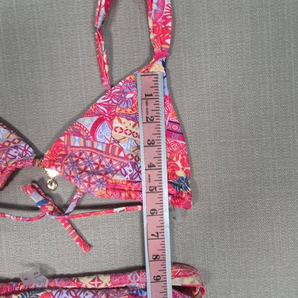 Pink Tropical Patchwork Triangle Bikini Set Women Size M Gold Charm Detail